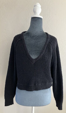 Free People Sweater Womens Oversized Crop Deep V Neck XS Chunky Boho Long Sleeve